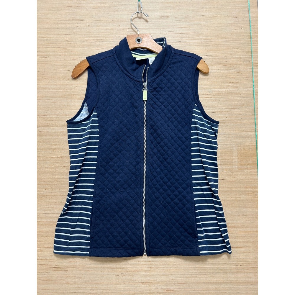 Weekends by Chico's Navy Blue Quilted Striped Full Zip Vest Mock Neck Size 1 M